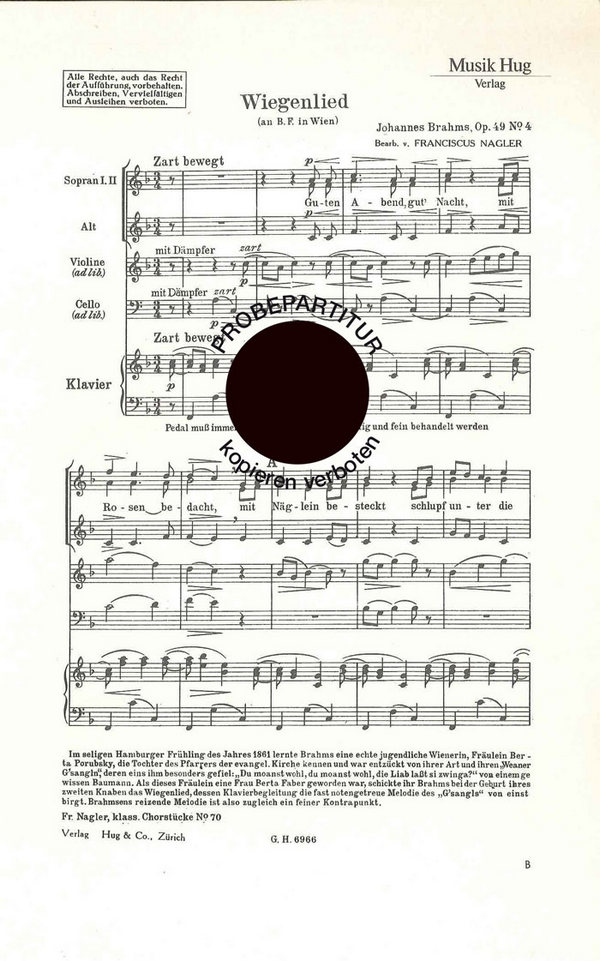 Brahms, Johannes&nbsp;&nbsp;Wiegenlied&nbsp;&nbsp;Frauenchor, Violine, Violoncello und Klavier