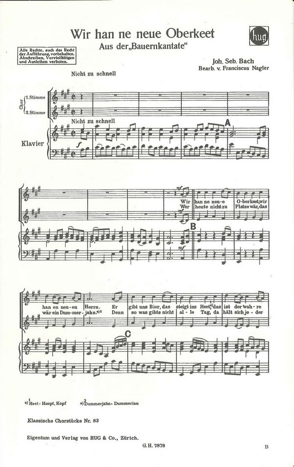 Bach, Johann Sebastian  Wir han ne neue Oberkeet  Frauenchor mit Klavier