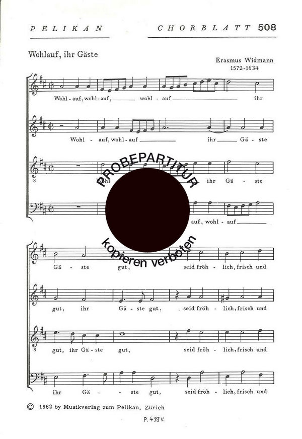 Erasmus Widmann&nbsp;&nbsp;Wohlauf ihr Gäste&nbsp;&nbsp;Gemischter Chor