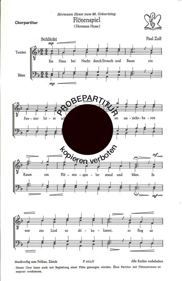 Paul Zoll&nbsp;&nbsp;Flötenspiel&nbsp;&nbsp;Männerchor Chorpartitur