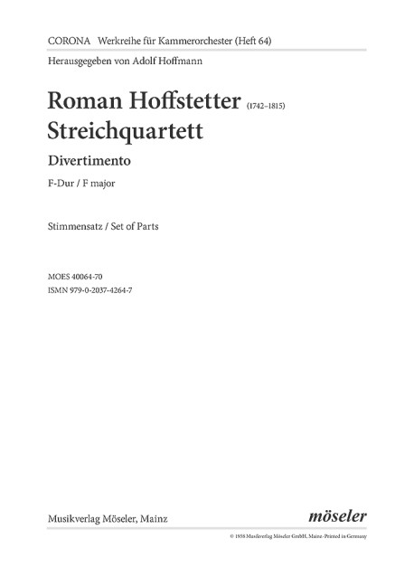 Hoffstetter, Roman Quartett F-Dur&nbsp;&nbsp;Streichorchester&nbsp;&nbsp;Streicherstimmensatz
