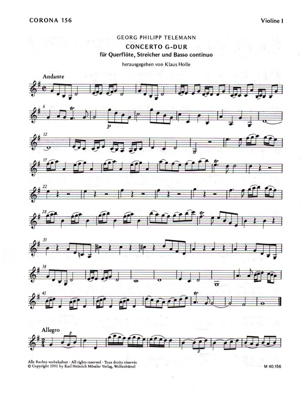 Concerto G-Dur TWV 51:G1&nbsp;&nbsp;für Flöte, Streichorchester und Bc&nbsp;&nbsp;Streicherstimmensatz