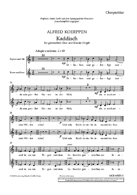 Koerppen, Alfred, Kaddisch&nbsp;&nbsp;1-2 stimmiger gemischter Chor&nbsp;&nbsp;Chorpartitur
