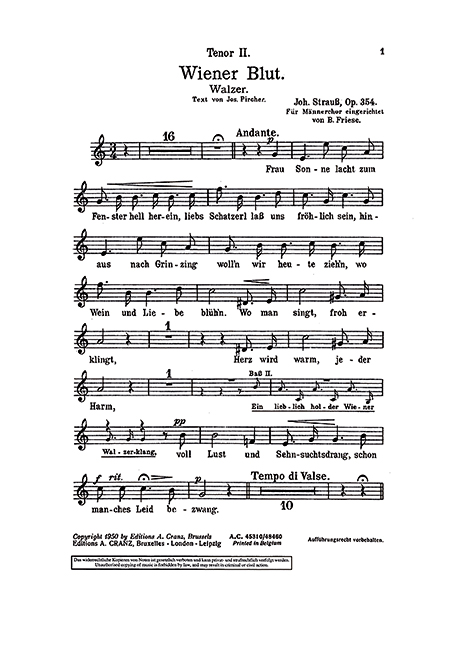 Strauss (Sohn), Johann Wiener Blut op. 354&nbsp;&nbsp;für Männerchor (TTBB) und Klavier&nbsp;&nbsp;Chorstimme Tenor II