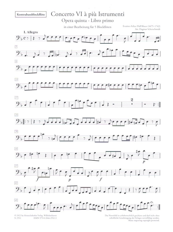 Concerto VI à più Istrumenti op.5 vol.1  für 5 Blockflöten (AATBGb(Kb))  Kontrabassblockflöte