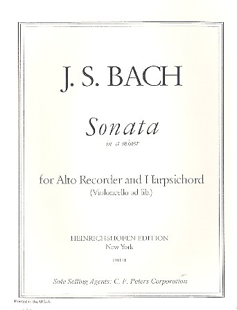Sonata in a Minor BWV1020&nbsp;&nbsp;for alto recorder and harpsichord (violoncello ad lib)&nbsp;&nbsp;score and parts
