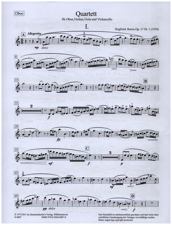 Oboenquartett op.17 Nr.1  für Oboe, Violine, Viola und Violoncello  Stimmen