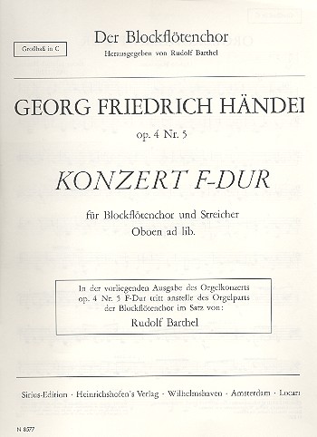 Orgelkonzert F-Dur für Sopranino, Sopran-, Al&nbsp;&nbsp;für Blockflötenchor (SSATB) und Streicher (Oboen ad lib)&nbsp;&nbsp;Grossbass