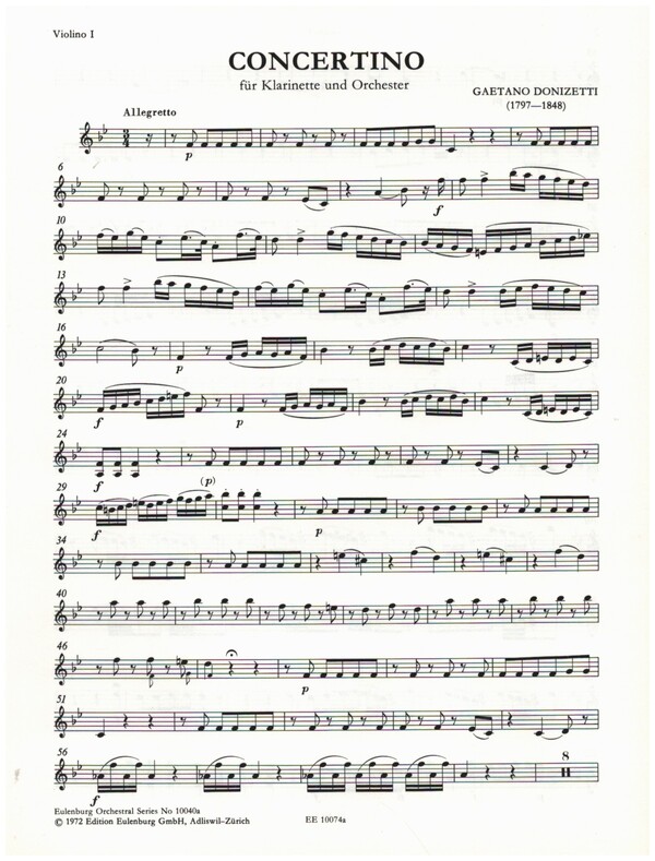 Concertino B-Dur  für Klarinette und Kammerorchester  Violine 1
