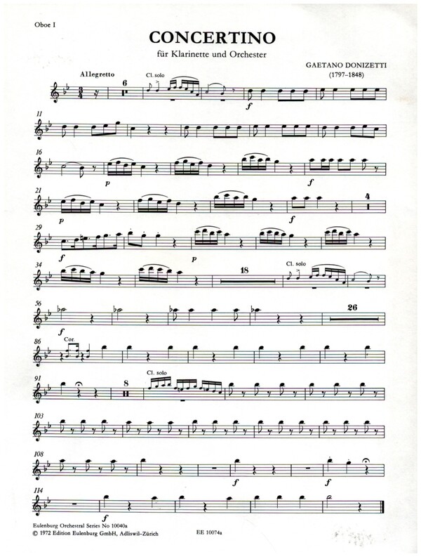 Concertino B-Dur  für Klarinette und Kammerorchester  Harmoniestimmen