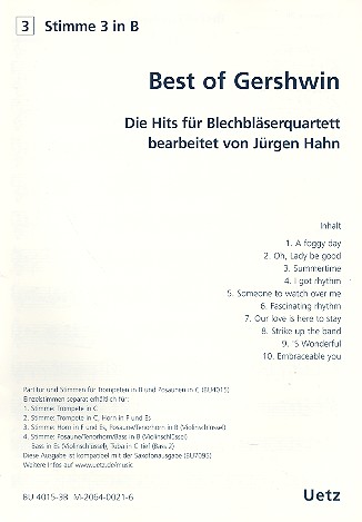 Best of Gershwin für 4 Blechbläser (Ensemble)  3. Stimme in B (Posaune/Tenorhorn)  im Violinschlüssel
