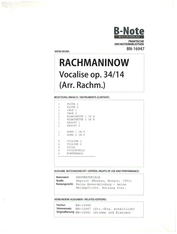 Vocalise op.34 Nr.14  für Singstimme und grosses Orchester  Stimmensatz
