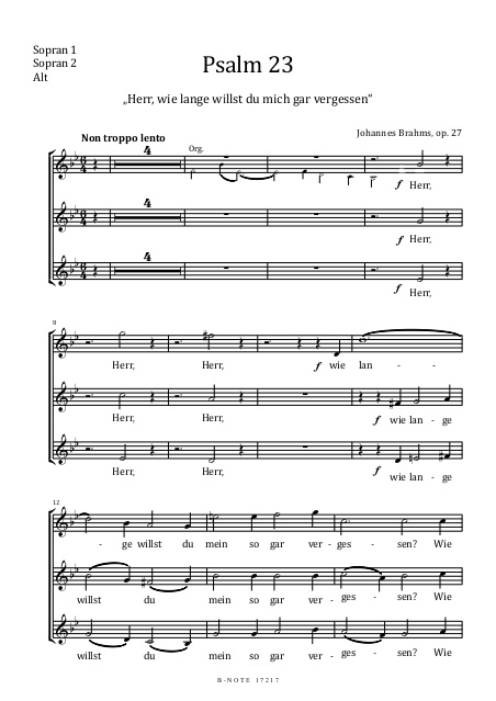 Brahms, J.C., Der 23. Psalm op.27&nbsp;&nbsp;Chor SSA,Orgel&nbsp;&nbsp;Spielnoten