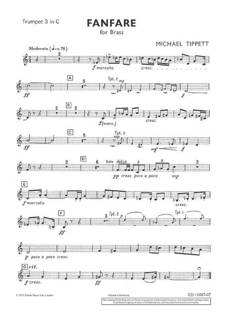Tippett, Sir Michael Fanfare Nr. 1 for Brass&nbsp;&nbsp;für 4 Hörner in F, 3 Trompeten in B und 3 Posaunen&nbsp;&nbsp;Einzelstimme Trompete III