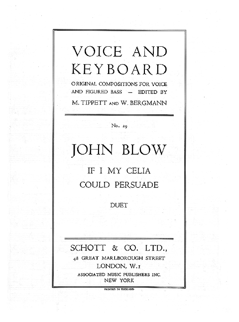 Blow, John O würde Celia mich versteh'n (Duett)  für 2 Soprane und Klavier  