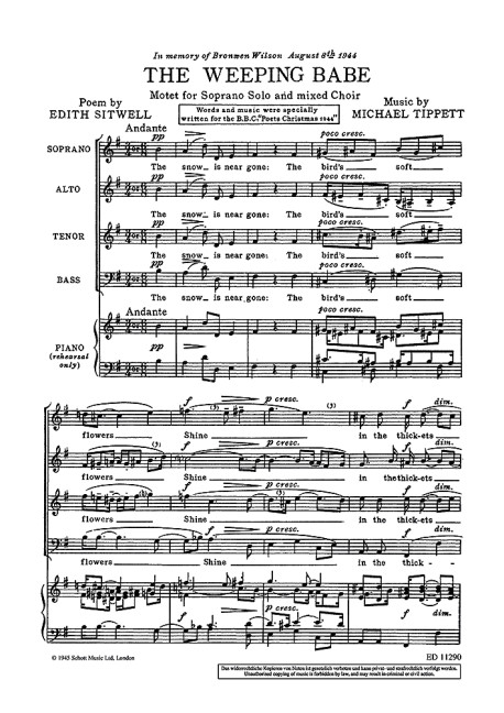 Tippett, Sir Michael The Weeping Babe&nbsp;&nbsp;für Sopran solo und gemischter Chor (SATB)&nbsp;&nbsp;Partitur