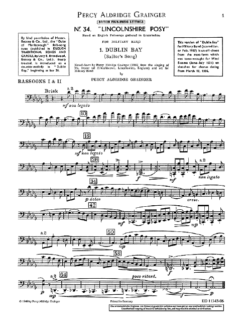 Lincolnshire Posy&nbsp;&nbsp;für Blasorchester&nbsp;&nbsp;Einzelstimme Fagott