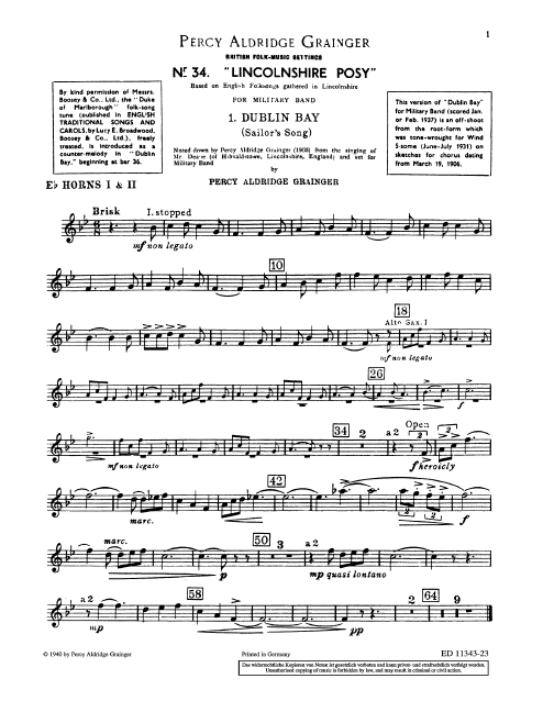Lincolnshire Posy&nbsp;&nbsp;für Blasorchester&nbsp;&nbsp;Einzelstimme Horn I und II
