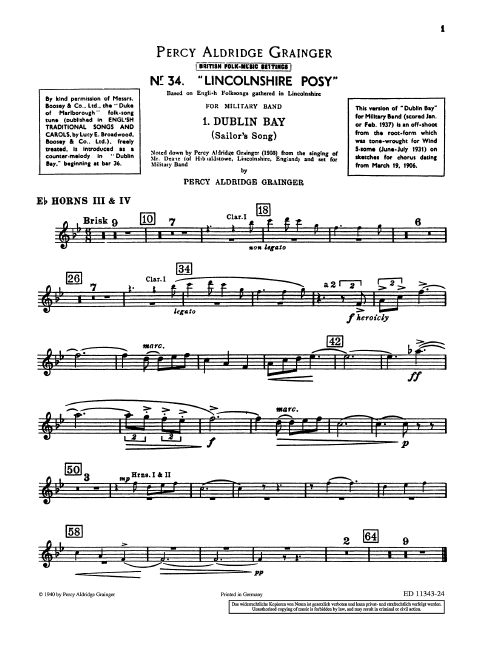 Lincolnshire Posy&nbsp;&nbsp;für Blasorchester&nbsp;&nbsp;Einzelstimme Horn III und IV
