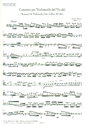 Konzert G-Dur Nr.16 RV413&nbsp;&nbsp;für Violoncello solo, 2 Violinen, Viola und Bc&nbsp;&nbsp;Stimmensatz