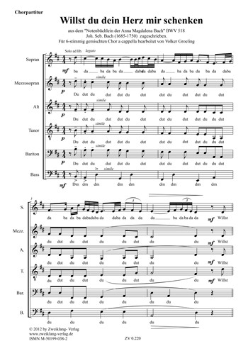 Willst du dein Herz mir schenken BWV518&nbsp;&nbsp;für gem Chor a cappella&nbsp;&nbsp;Partitur