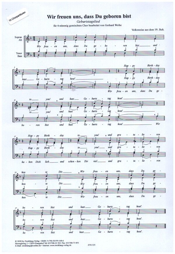 Wir freuen uns, dass Du geboren bist&nbsp;&nbsp;für gem Chor und Klavier&nbsp;&nbsp;Chorpartitur