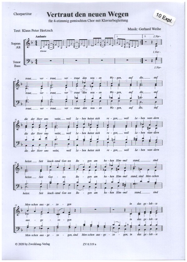 Vertraut den neuen Wegen&nbsp;&nbsp;für gem Chor und Klavier&nbsp;&nbsp;Chorpartitur