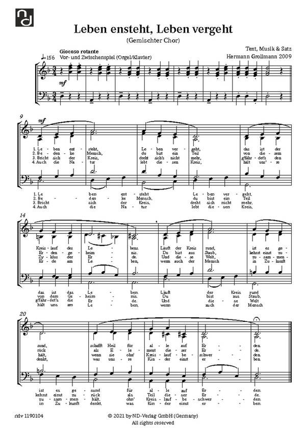 Leben entsteht, Leben vergeht  für gem Chor a cappella  Chorpartitur