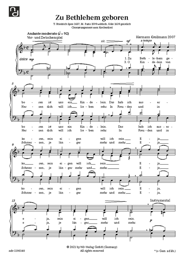 Zu Bethlehem geboren&nbsp;&nbsp;für gem Chor a cappella&nbsp;&nbsp;Chorpartitur