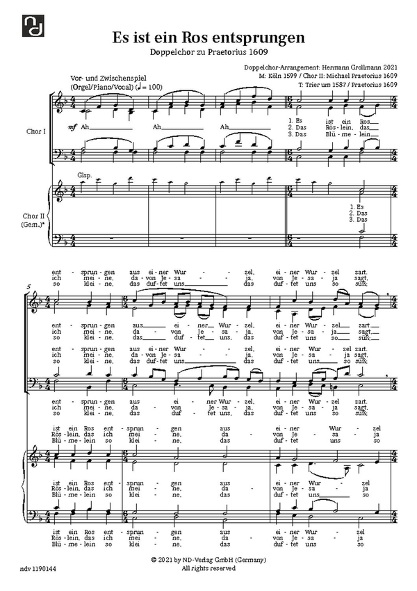 Es ist ein Ros entsprungen  für Doppelchor a cappella  Chorpartitur