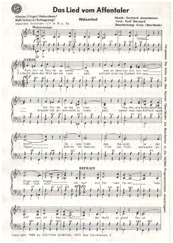 Das Lied vom Affentaler  und  Meine alte  Harmonika: für Klavier (mit B- und Es-Stimme)  