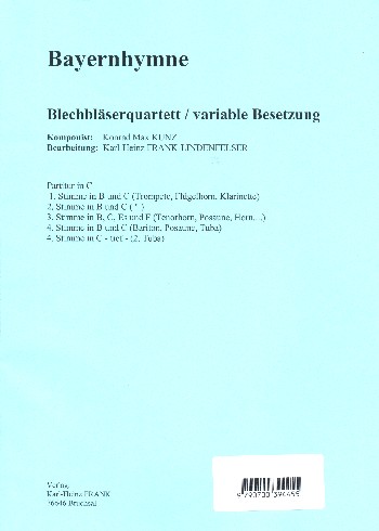 Bayernhymne  für 4 Blechbläser (Ensemble)  Partitur und Stimmen
