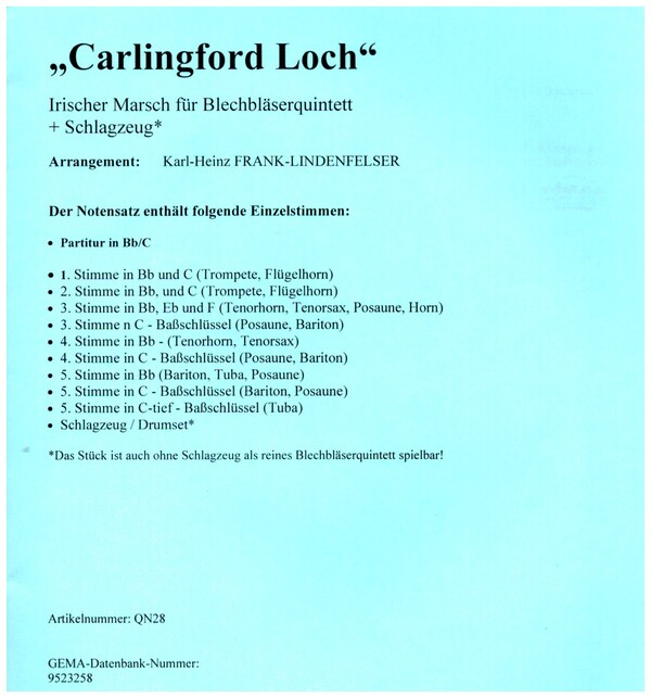 Carlingford Loch  für 5 Blechbläser und Schlagzeug (variable Besetzung)  Partitur und Stimmen