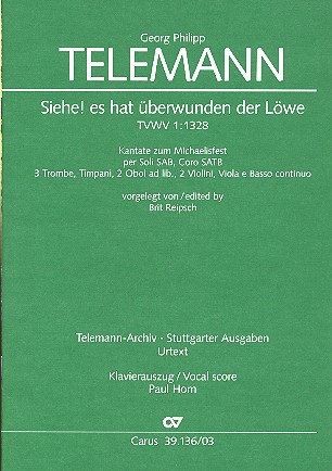 Siehe es hat überwunden der Löwe&nbsp;&nbsp;TVWV1:1328 für Soli (SAB), Chor&nbsp;&nbsp;und Orchester,  Klavierauszug (dt)