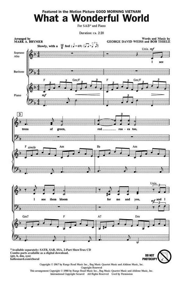 What a wonderful World for  mixed chorus (SAB) and piano  score