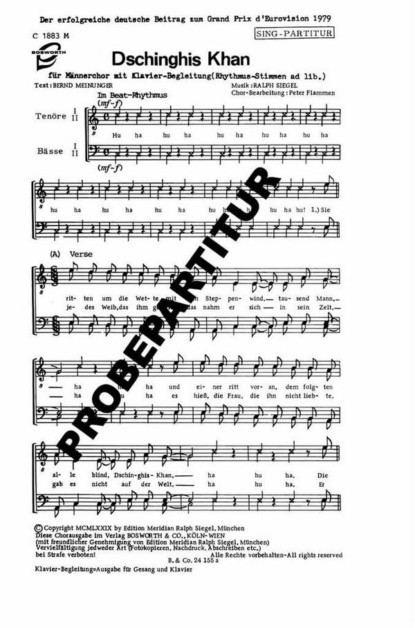 Dschinghis Khan&nbsp;&nbsp;für Männerchor mit Klavierbegleitung (Rhythmus-Stimmen ad lib.)&nbsp;&nbsp;Chorpartitur