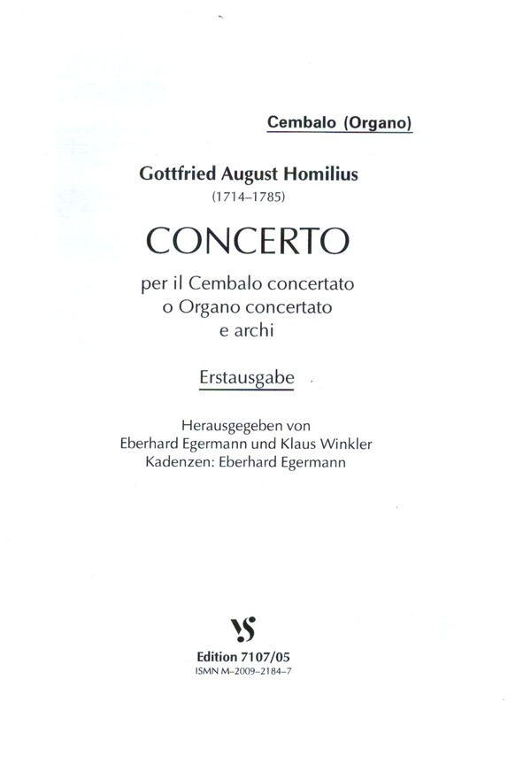 Concerto per il cembalo concertato o organo concertato e archi  für Cembalo (Orgel) und Streicher  Cembalo (Orgel)