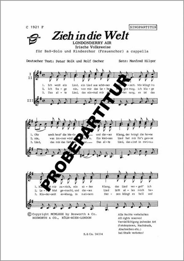 Zieh in die Welt  für Bass-Solo und Kinderchor (Frauenchor) a cappella  Singpartitur