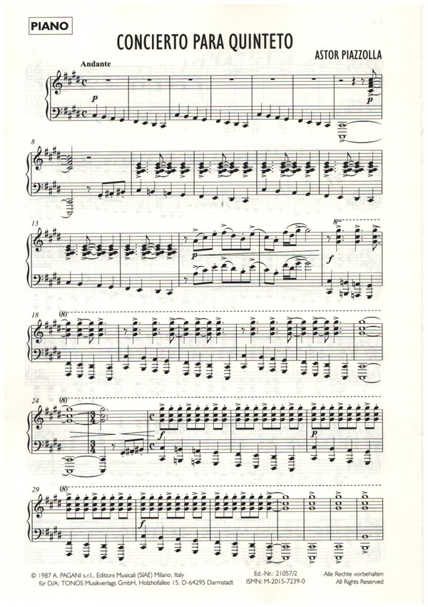 Concierto para Quinteto  für Klavier, Bandoneon,&nbsp;&nbsp;Violine, E-Gitarre und Kontrabass&nbsp;&nbsp;Stimmen