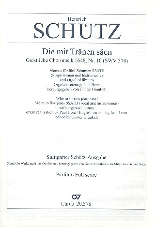Die mit Tränen Säen SWV378&nbsp;&nbsp;Motette für gem Chor (SSATB) und Bc&nbsp;&nbsp;Partitur