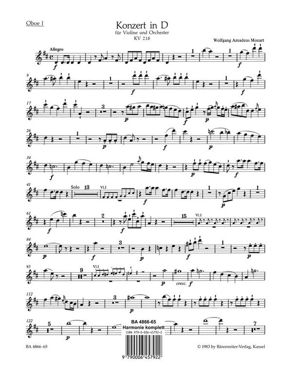 Konzert D-Dur Nr.4 KV218&nbsp;&nbsp;für Violine und Orchester&nbsp;&nbsp;Harmonie