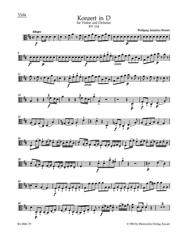 Konzert D-Dur Nr.4 KV218&nbsp;&nbsp;für Violine und Orchester&nbsp;&nbsp;Viola
