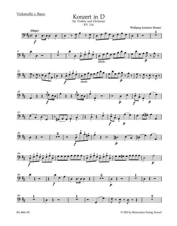 Konzert D-Dur Nr.4 KV218&nbsp;&nbsp;für Violine und Orchester&nbsp;&nbsp;Cello/Bass
