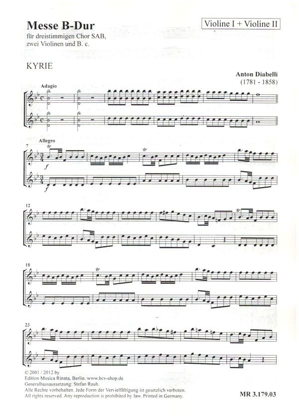 Messe B-dur&nbsp;&nbsp;für Soli, gem Chor und Orchester&nbsp;&nbsp;Violine 1 und Violine 2