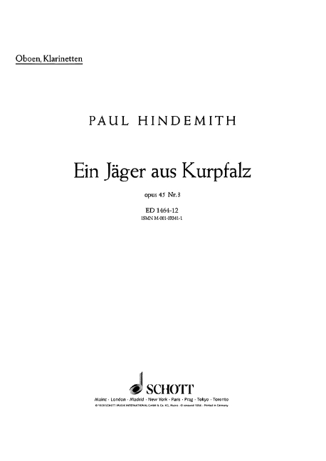 Ein Jäger aus Kurpfalz op.45,3  für Streicher und Bläser  Oboe/Klarinette