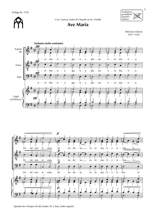 Ave Maria  für gem Chor und Orgel  Partitur (=Singpartitur)
