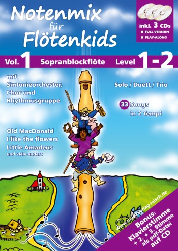 Notenmix für Flötenkids (+mp3)  für 1-3 Blockflöten (SSA) (Klavier ad lib)  Spielpartitur (mit pdf zum Ausdrucken)