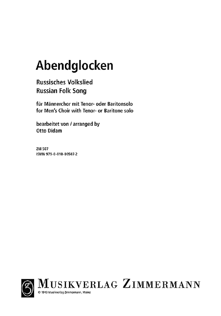 Abendglocken&nbsp;&nbsp;für Tenor (Bariton) und Männerchor&nbsp;&nbsp;Singpartitur