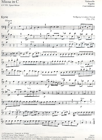 Missa in C KV258 für Soli, gem Chor&nbsp;&nbsp;und Orchester,  Fagott/Violoncello/&nbsp;&nbsp;Kontrabass