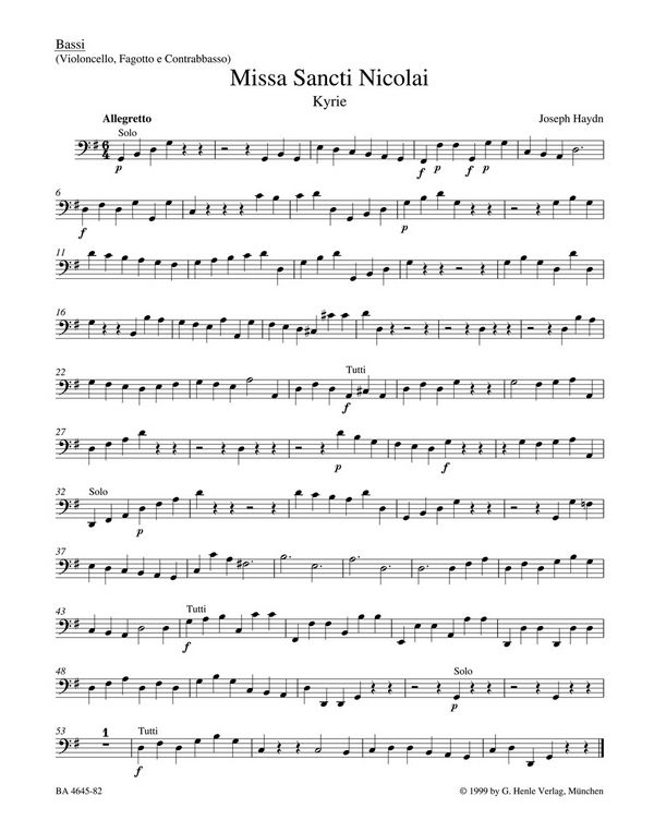 Missa Sancti Nicolai G-Dur Hob.XXII:6&nbsp;&nbsp;für Soli, chor und Orchester&nbsp;&nbsp;Cello/Bass